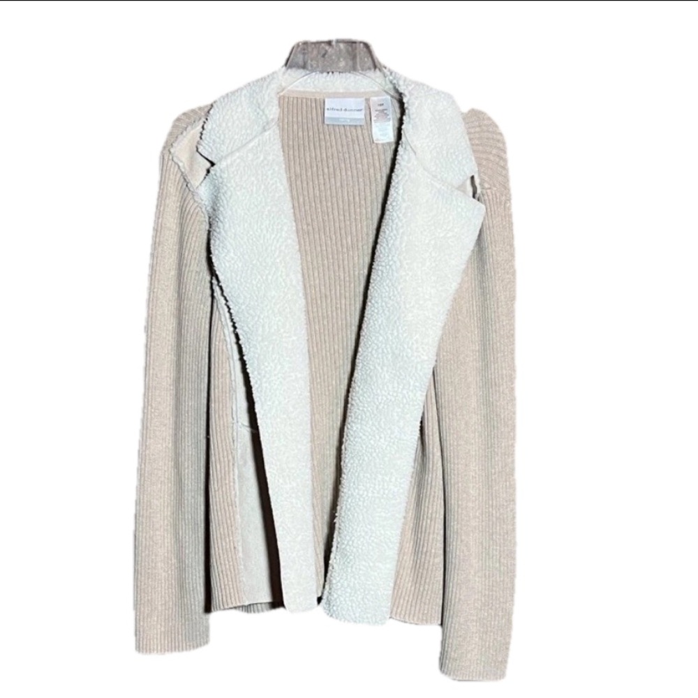 Alfred Dunner Size 16P Tan White Faux Suede Long Sleeve Women’s Cardigan Jacket
